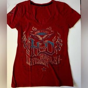 ☠️ Harley-Davidson Red V-Neck Tee with Graphic